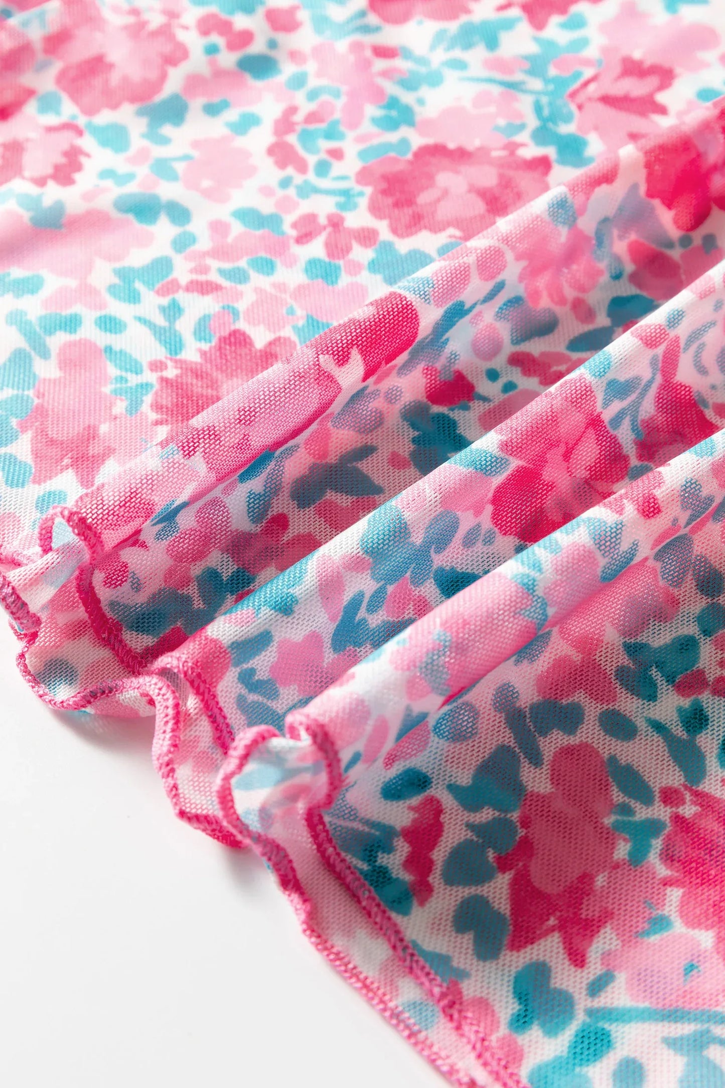 Pink Slim Fit Floral Mesh Long Sleeve Mock Neck Top - MarkoFit