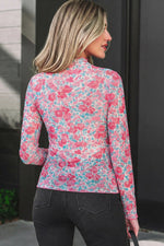 Pink Slim Fit Floral Mesh Long Sleeve Mock Neck Top - MarkoFit