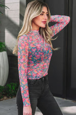 Pink Slim Fit Floral Mesh Long Sleeve Mock Neck Top - MarkoFit