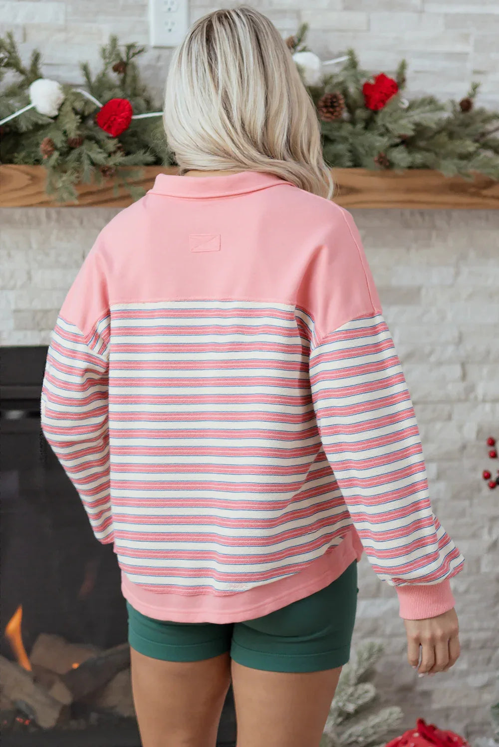 Pink Stripe Buttoned V Neck Collared Drop Shoulder Top - MarkoFit