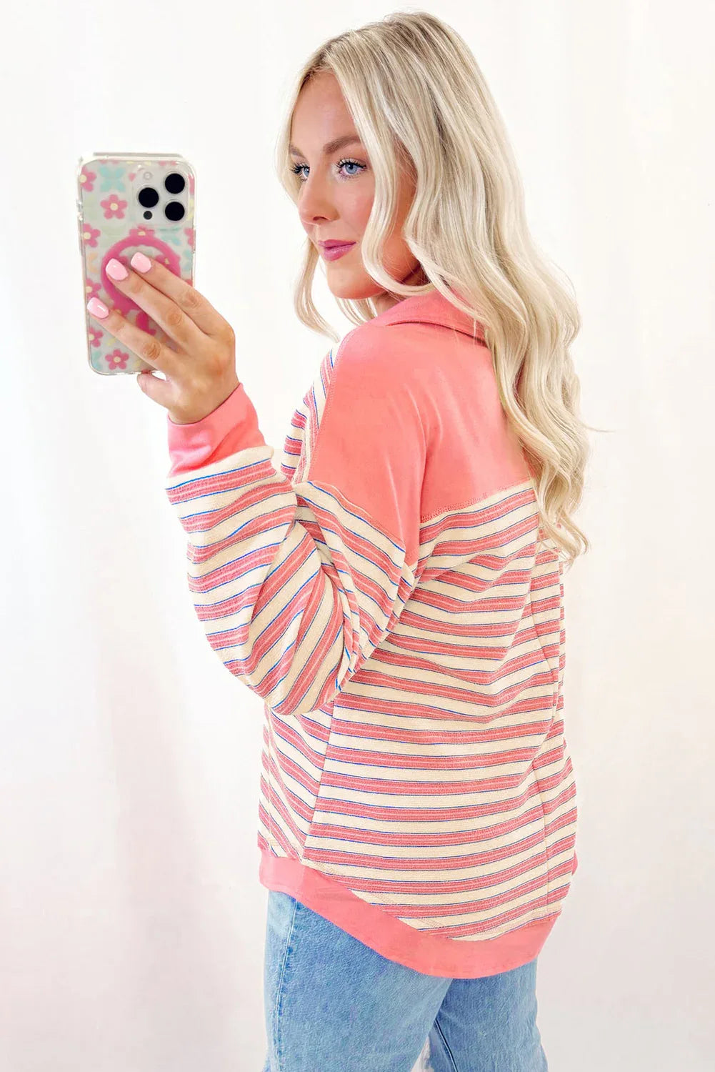 Pink Stripe Buttoned V Neck Collared Drop Shoulder Top - MarkoFit