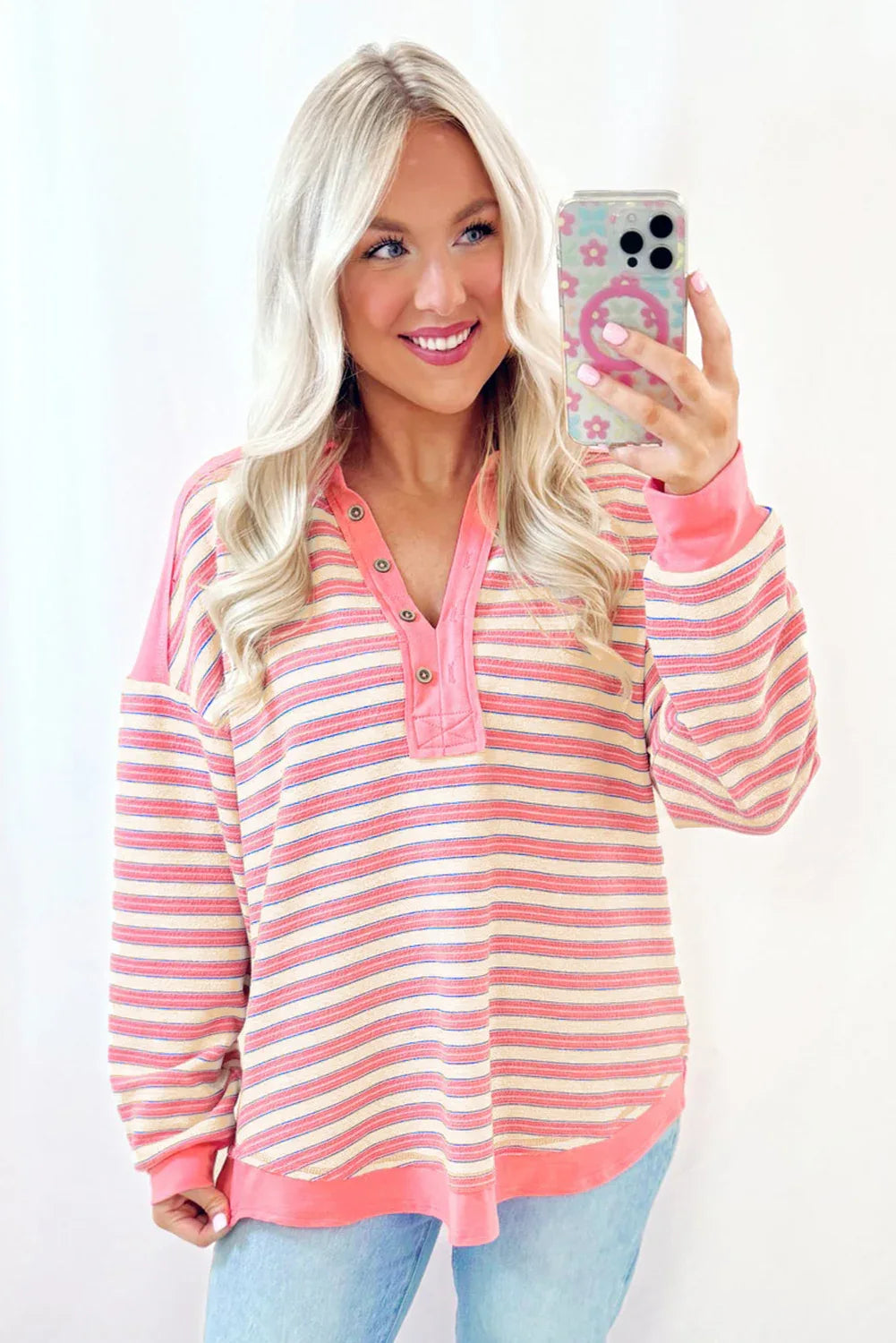 Pink Stripe Buttoned V Neck Collared Drop Shoulder Top - MarkoFit