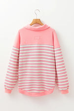 Pink Stripe Buttoned V Neck Collared Drop Shoulder Top - MarkoFit