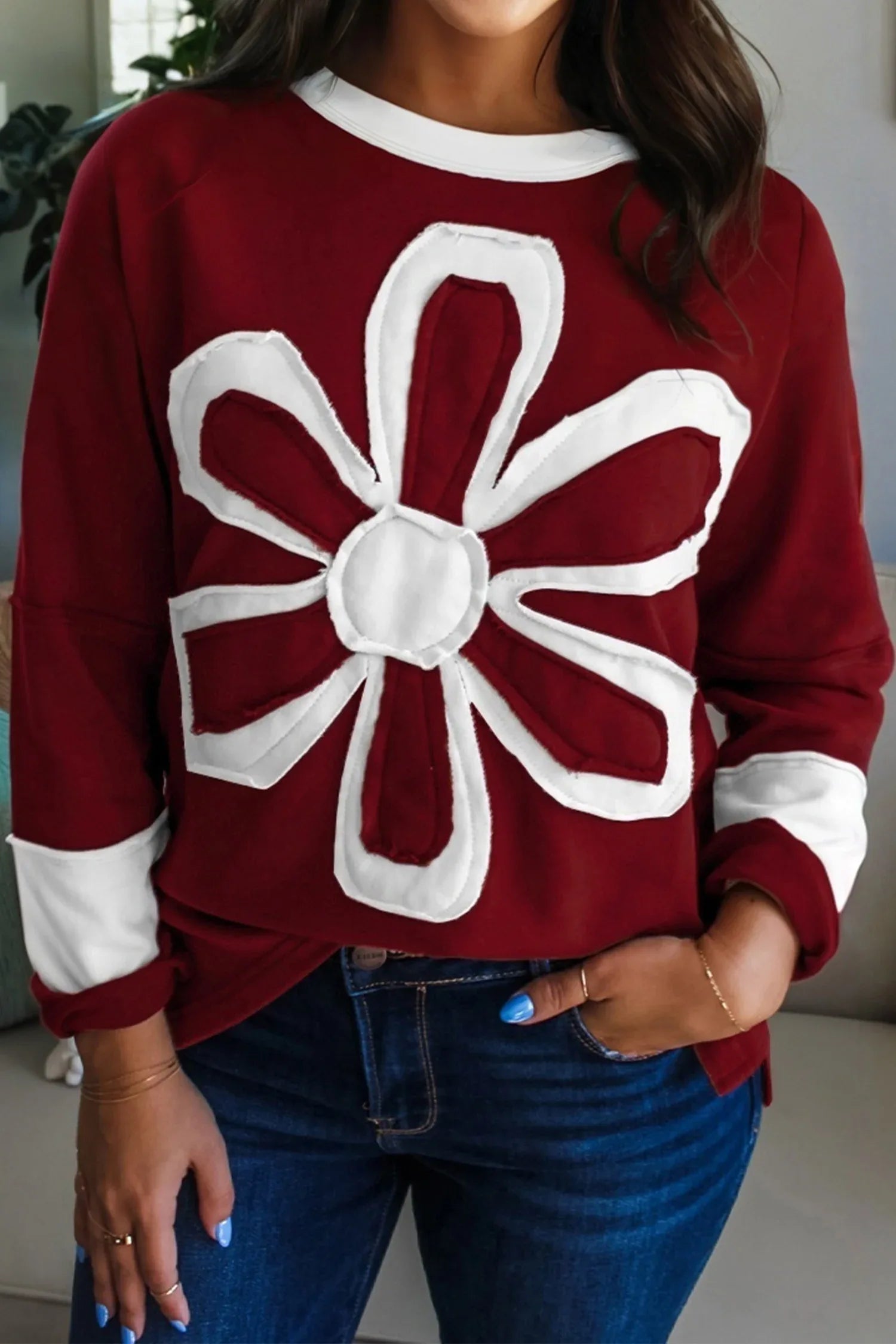 Red Dahlia Cheerful Daisy Flower Patched Round Neck Long Sleeve Top - MarkoFit