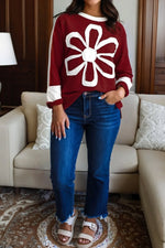 Red Dahlia Cheerful Daisy Flower Patched Round Neck Long Sleeve Top - MarkoFit