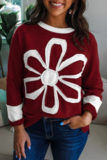 Red Dahlia Cheerful Daisy Flower Patched Round Neck Long Sleeve Top - MarkoFit