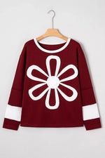 Red Dahlia Cheerful Daisy Flower Patched Round Neck Long Sleeve Top - MarkoFit