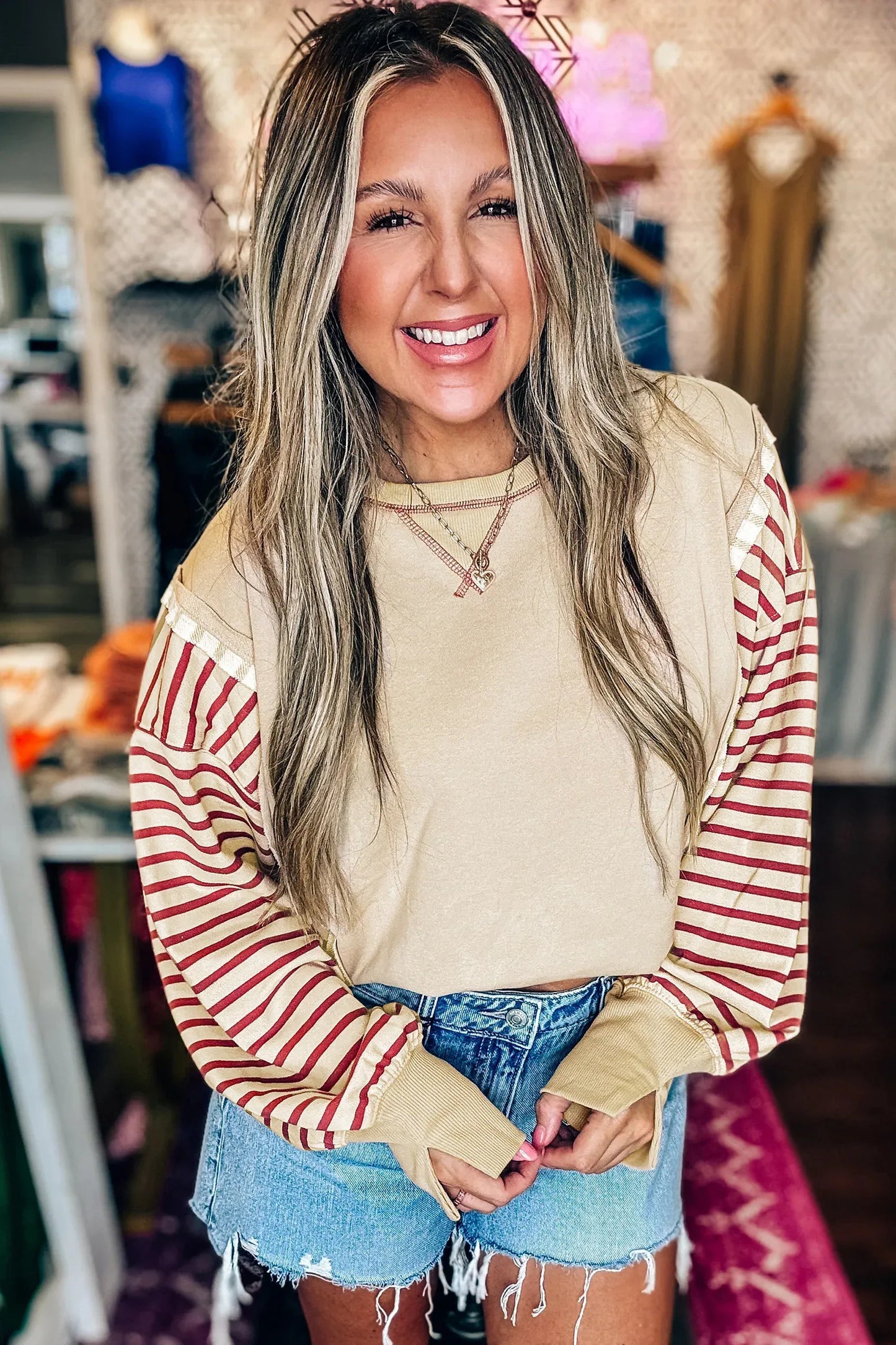 Red Stripe Sleeve Patchwork Casual Knit Top - MarkoFit