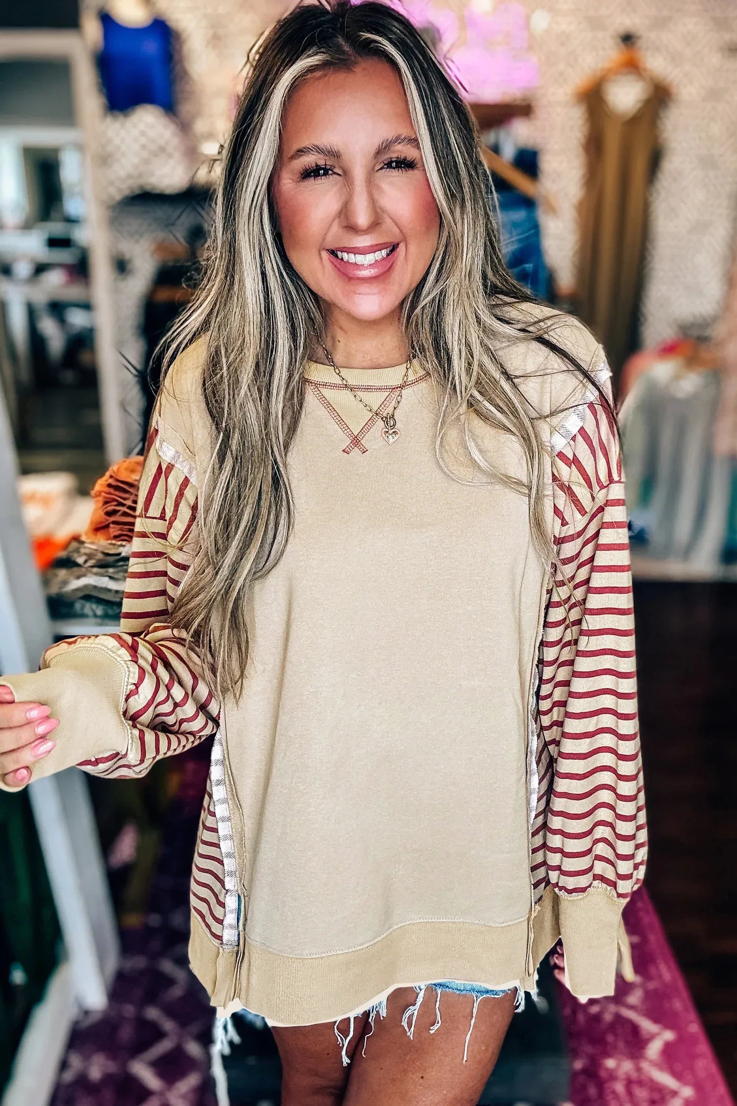 Red Stripe Sleeve Patchwork Casual Knit Top - MarkoFit