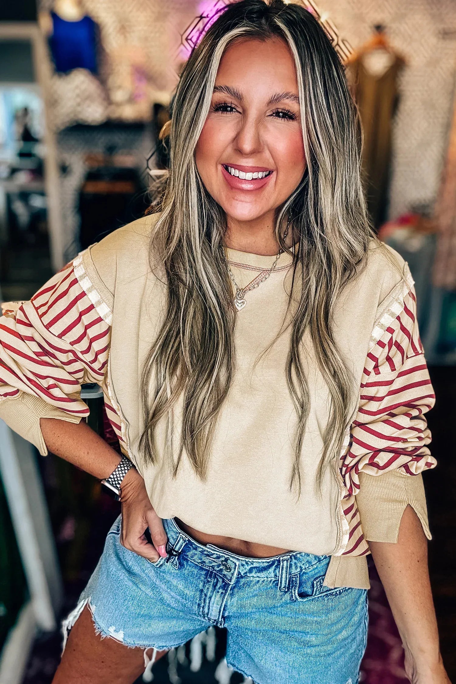 Red Stripe Sleeve Patchwork Casual Knit Top - MarkoFit