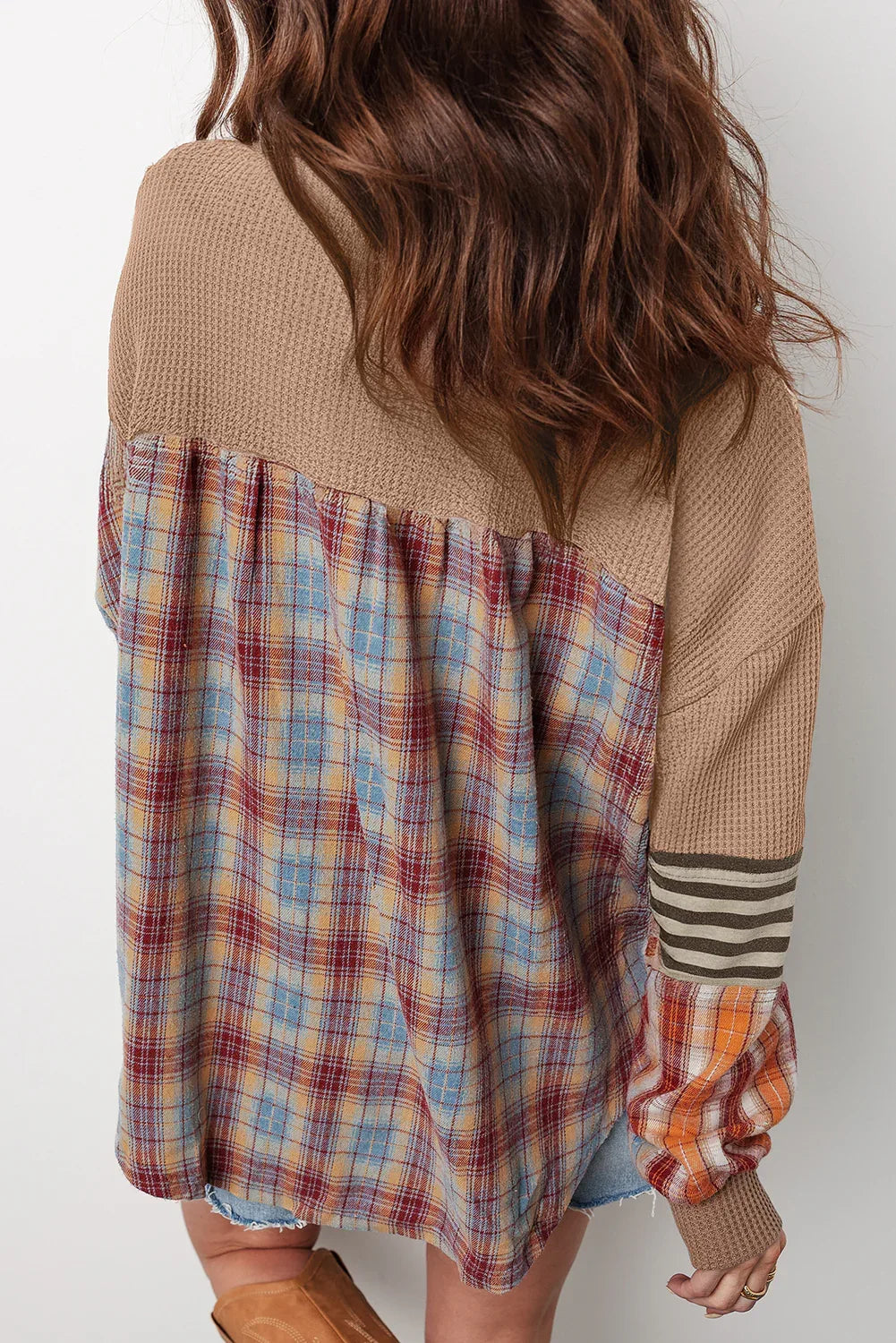 Straw Yellow Waffle Stripe Plaid Patchwork Henley Knit Top - MarkoFit