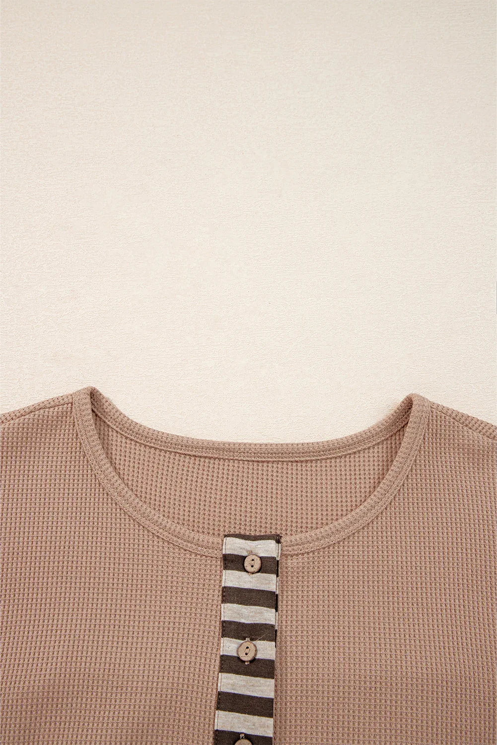 Straw Yellow Waffle Stripe Plaid Patchwork Henley Knit Top - MarkoFit