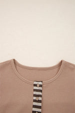 Straw Yellow Waffle Stripe Plaid Patchwork Henley Knit Top - MarkoFit