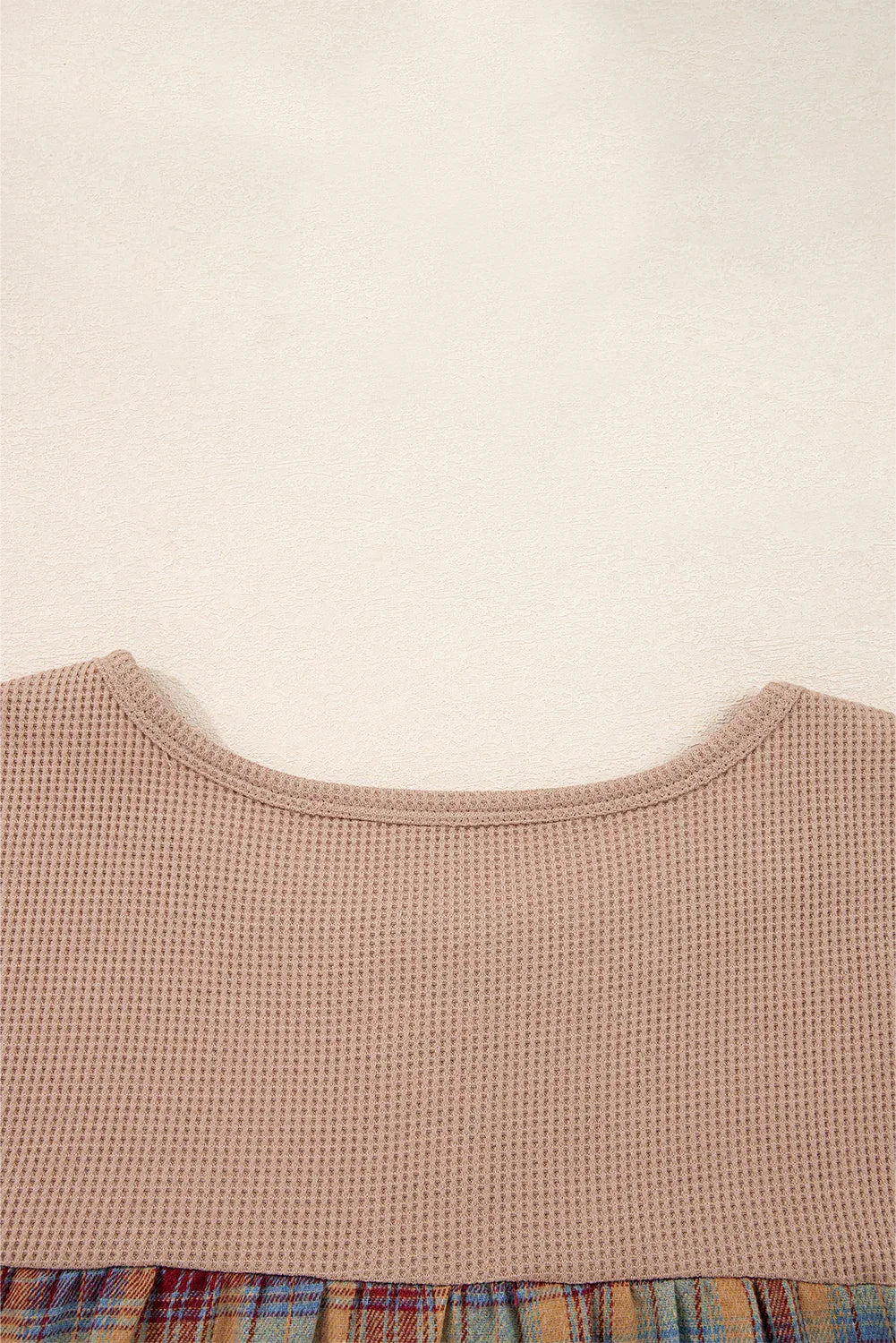 Straw Yellow Waffle Stripe Plaid Patchwork Henley Knit Top - MarkoFit