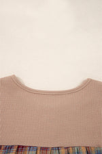 Straw Yellow Waffle Stripe Plaid Patchwork Henley Knit Top - MarkoFit