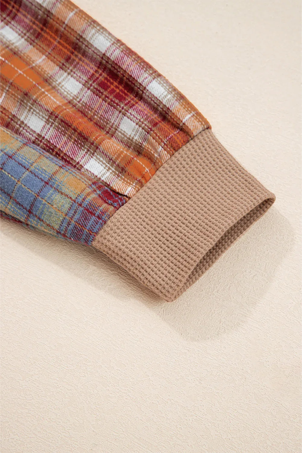 Straw Yellow Waffle Stripe Plaid Patchwork Henley Knit Top - MarkoFit