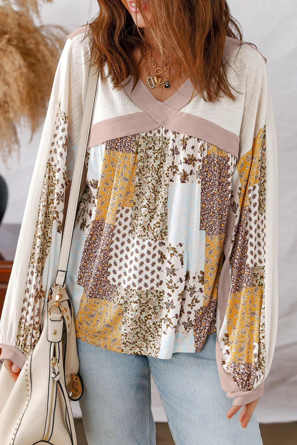 White Floral Printed Contrast Patchwork Long Sleeve Top - MarkoFit