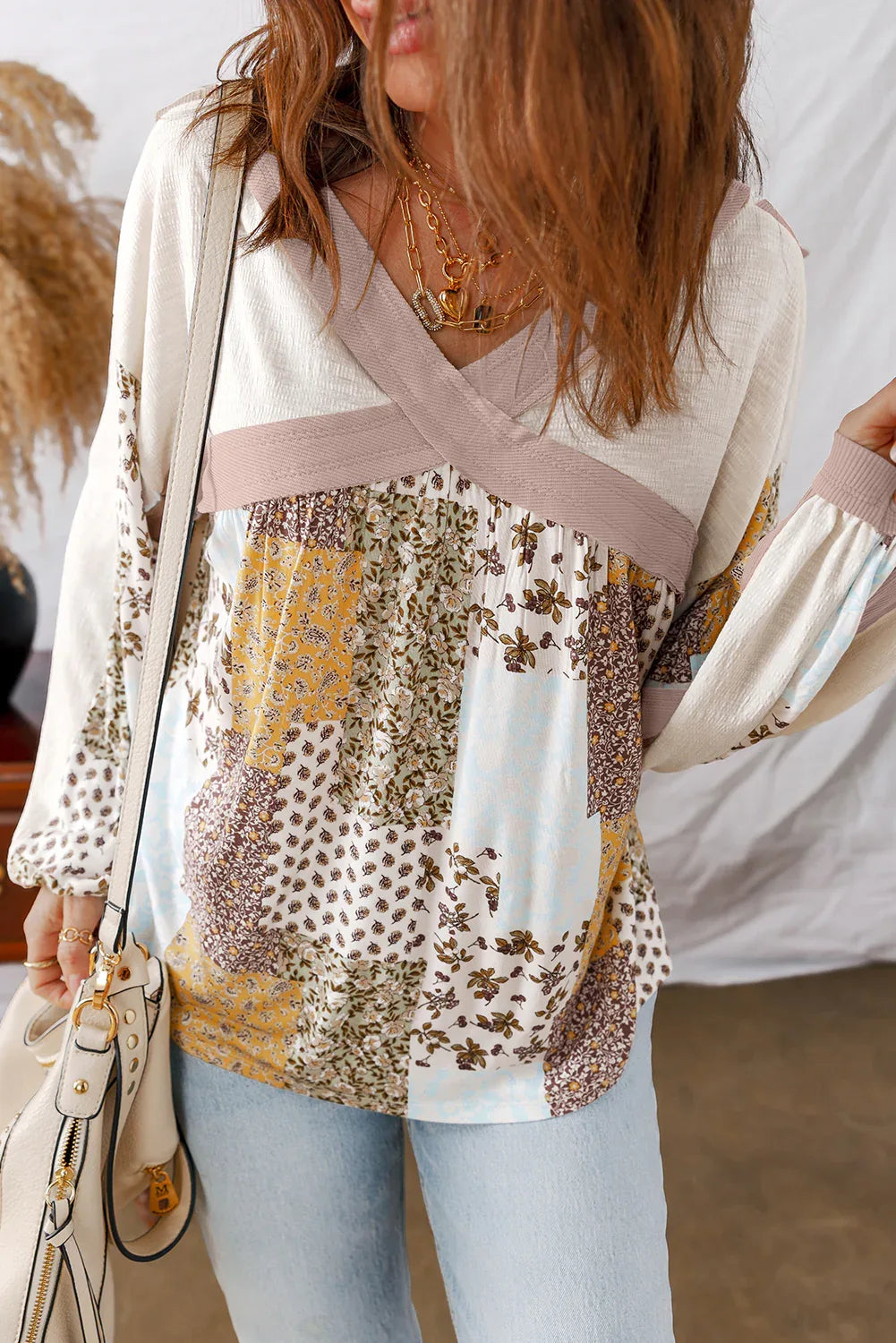 White Floral Printed Contrast Patchwork Long Sleeve Top - MarkoFit