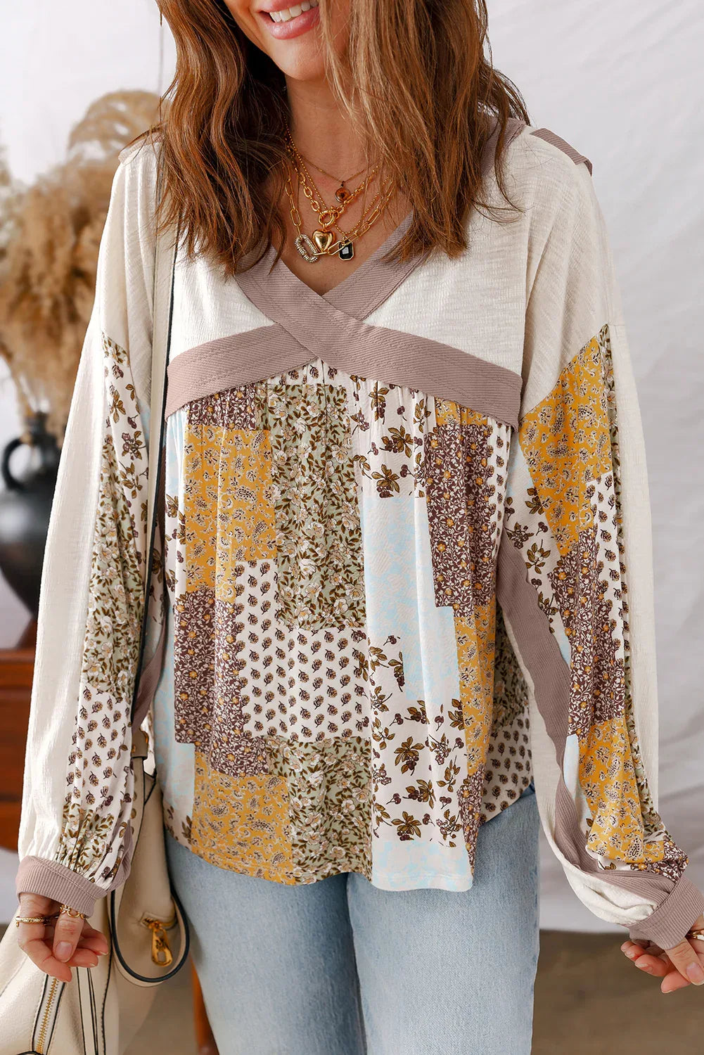 White Floral Printed Contrast Patchwork Long Sleeve Top - MarkoFit