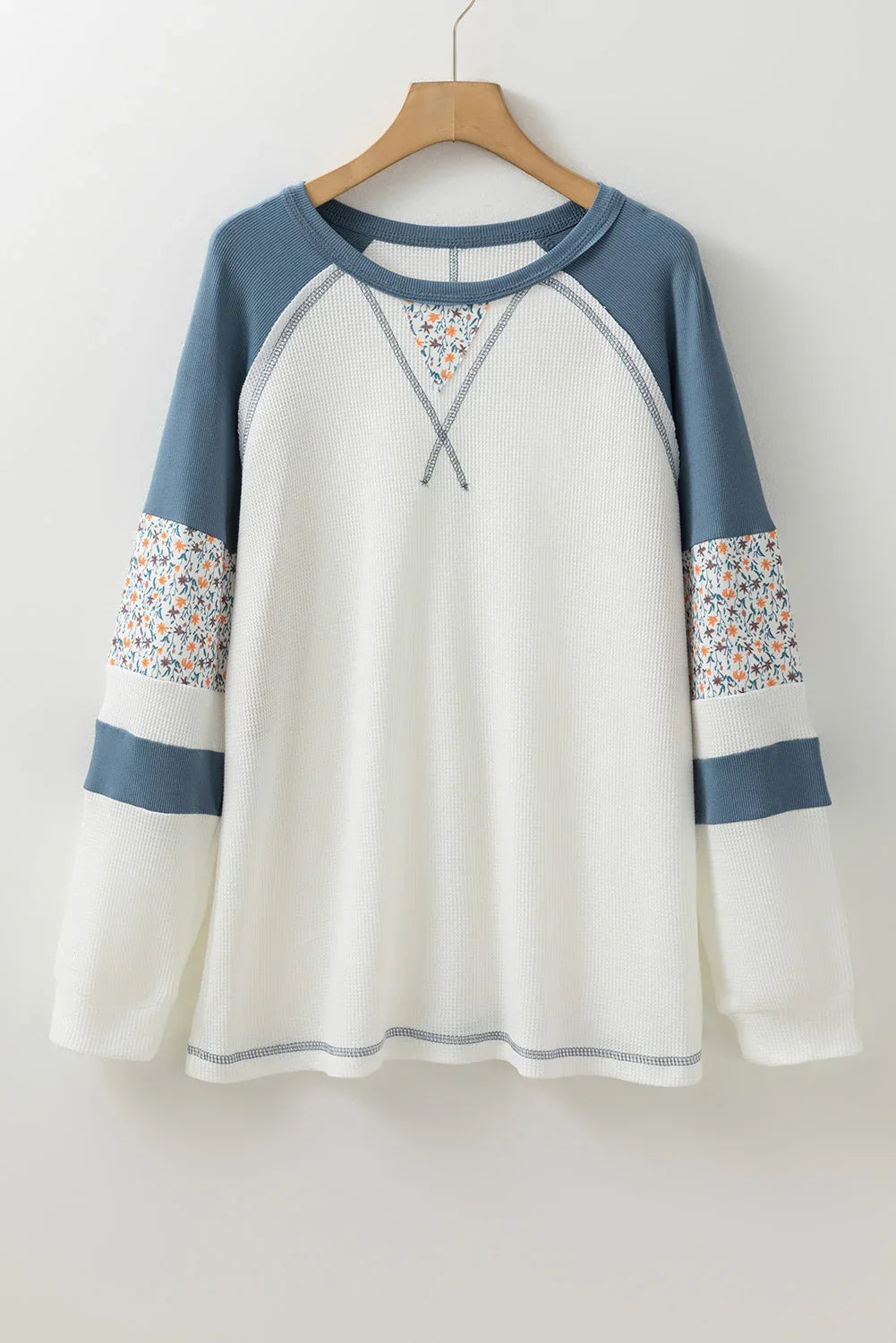 White Floral Patchwork Waffle Knit Raglan Top - MarkoFit