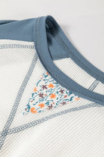 White Floral Patchwork Waffle Knit Raglan Top - MarkoFit