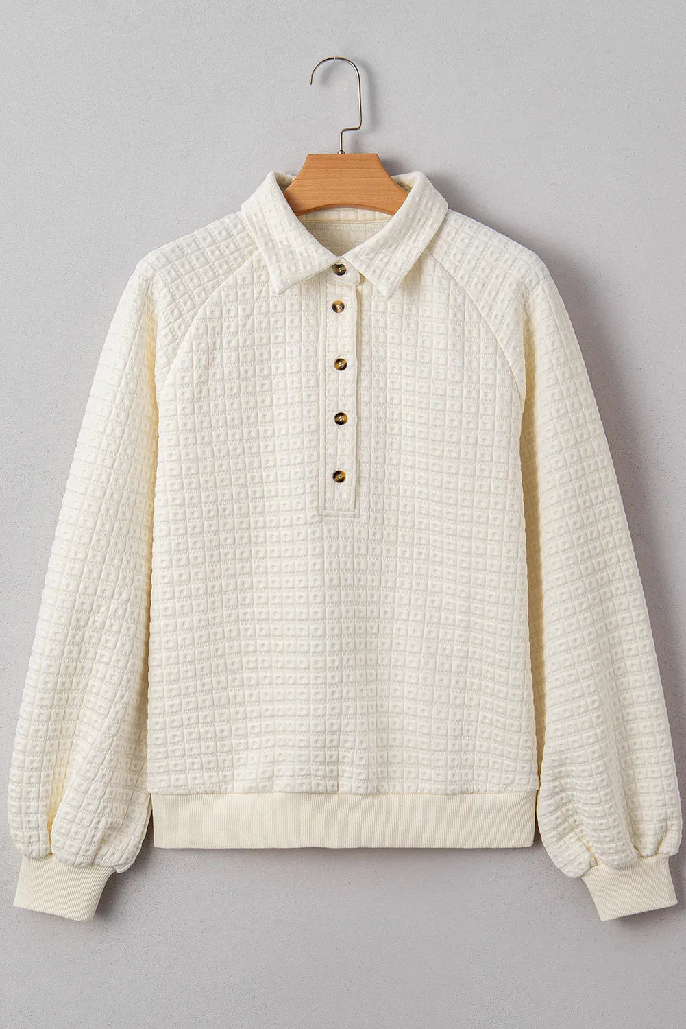 Beige Pineapple Textured Half Button Collared Sweatshirt - MarkoFit