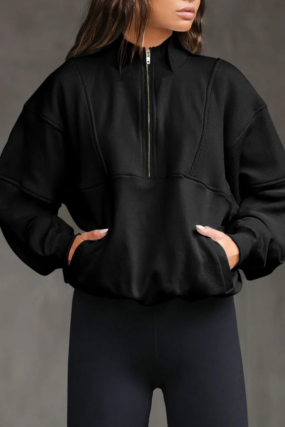 Black Half Zip Stand Collar Exposed Seam Solid Color Casual Sweatshirt - MarkoFit