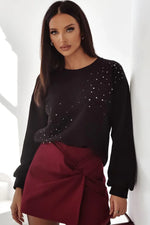 Black Rhinestone Embellished Drop Shoulder Ribbed Cuffs Wholesale Sweatshirt - MarkoFit
