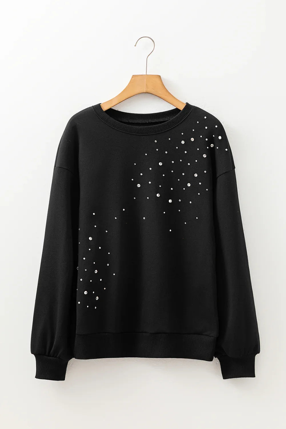 Black Rhinestone Embellished Drop Shoulder Ribbed Cuffs Wholesale Sweatshirt - MarkoFit