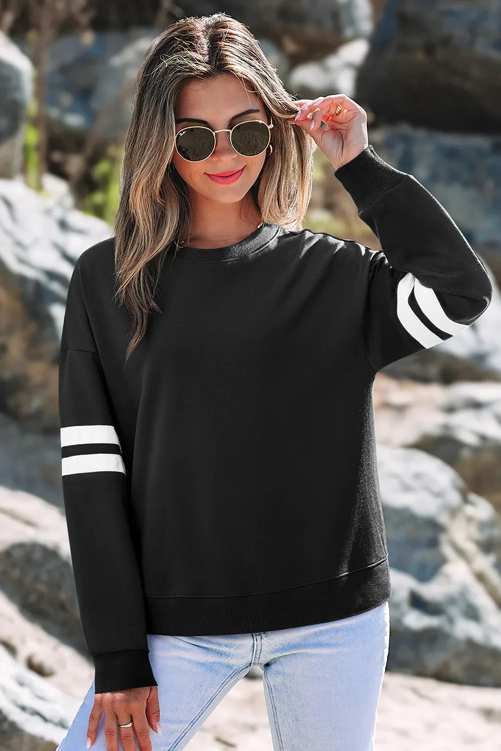 Black Varsity Striped Detail Drop Shoulder Oversized Sweatshirt - MarkoFit