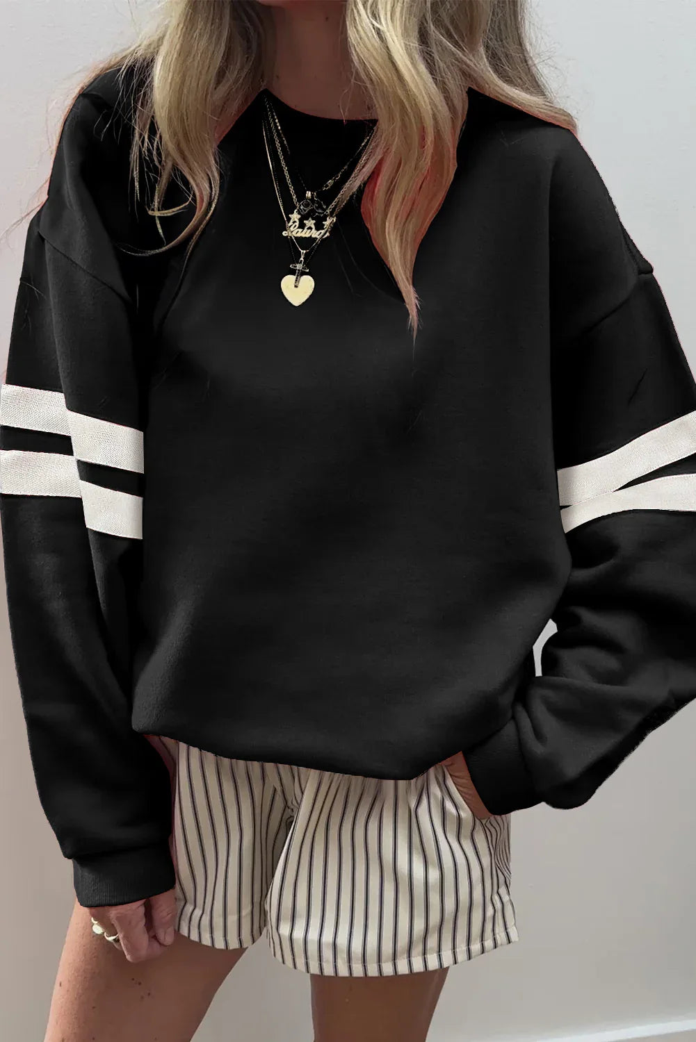 Black Varsity Striped Detail Drop Shoulder Oversized Sweatshirt - MarkoFit
