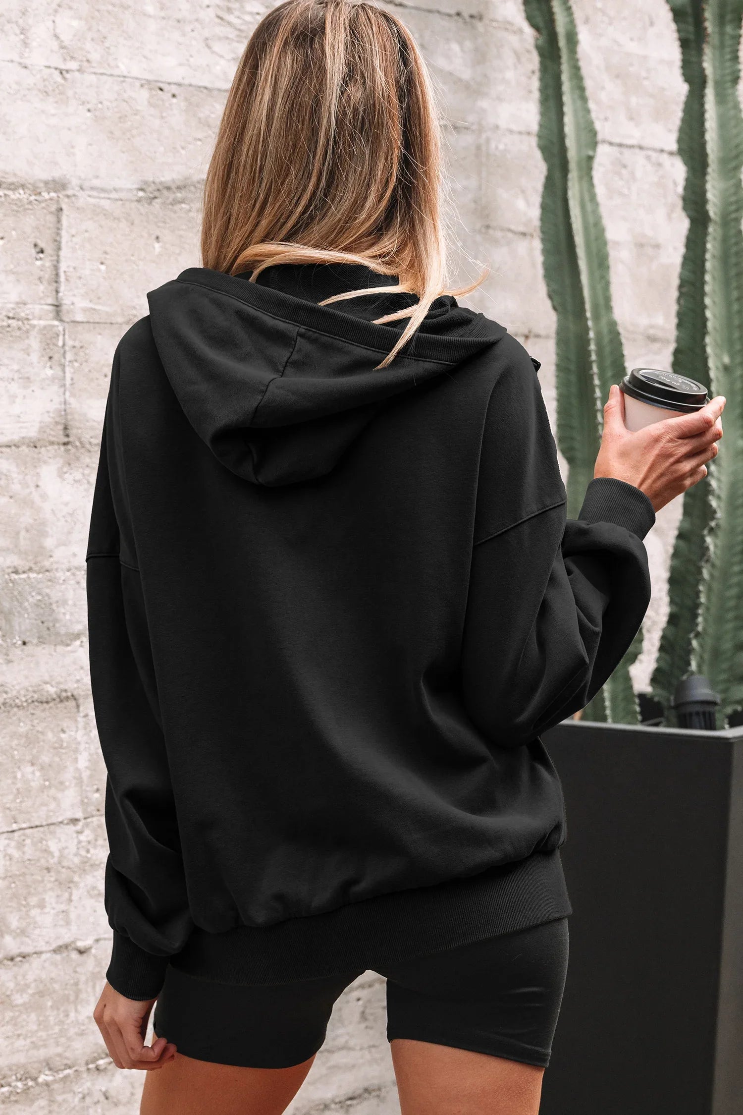 Black Half Zip Kangaroo Pocket Mineral Wash Baggy Hoodie - MarkoFit