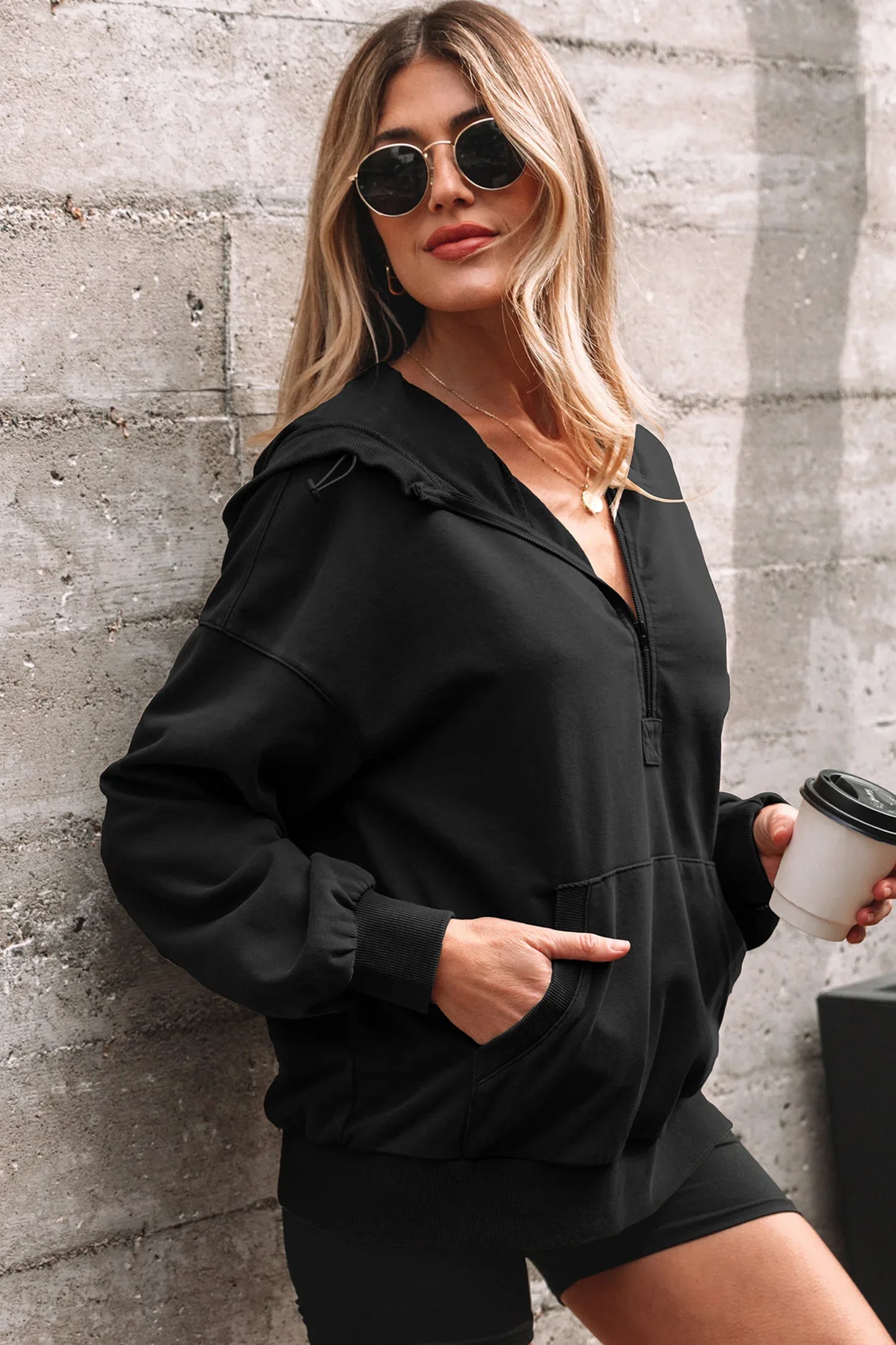 Black Half Zip Kangaroo Pocket Mineral Wash Baggy Hoodie - MarkoFit