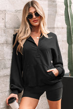 Black Half Zip Kangaroo Pocket Mineral Wash Baggy Hoodie - MarkoFit