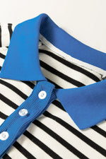 Black Stripe Color Block Patchwork Button Polo Collar Side Slit Sweatshirt - MarkoFit