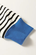 Black Stripe Color Block Patchwork Button Polo Collar Side Slit Sweatshirt - MarkoFit