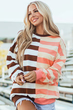 Brown Stripe Color Block Drop Shoulder Pullover Sweatshirt - MarkoFit
