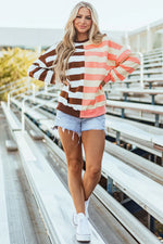 Brown Stripe Color Block Drop Shoulder Pullover Sweatshirt - MarkoFit