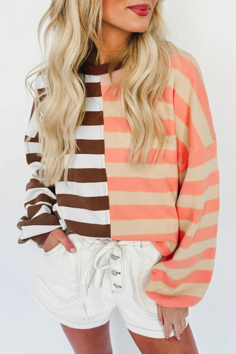Brown Stripe Color Block Drop Shoulder Pullover Sweatshirt - MarkoFit