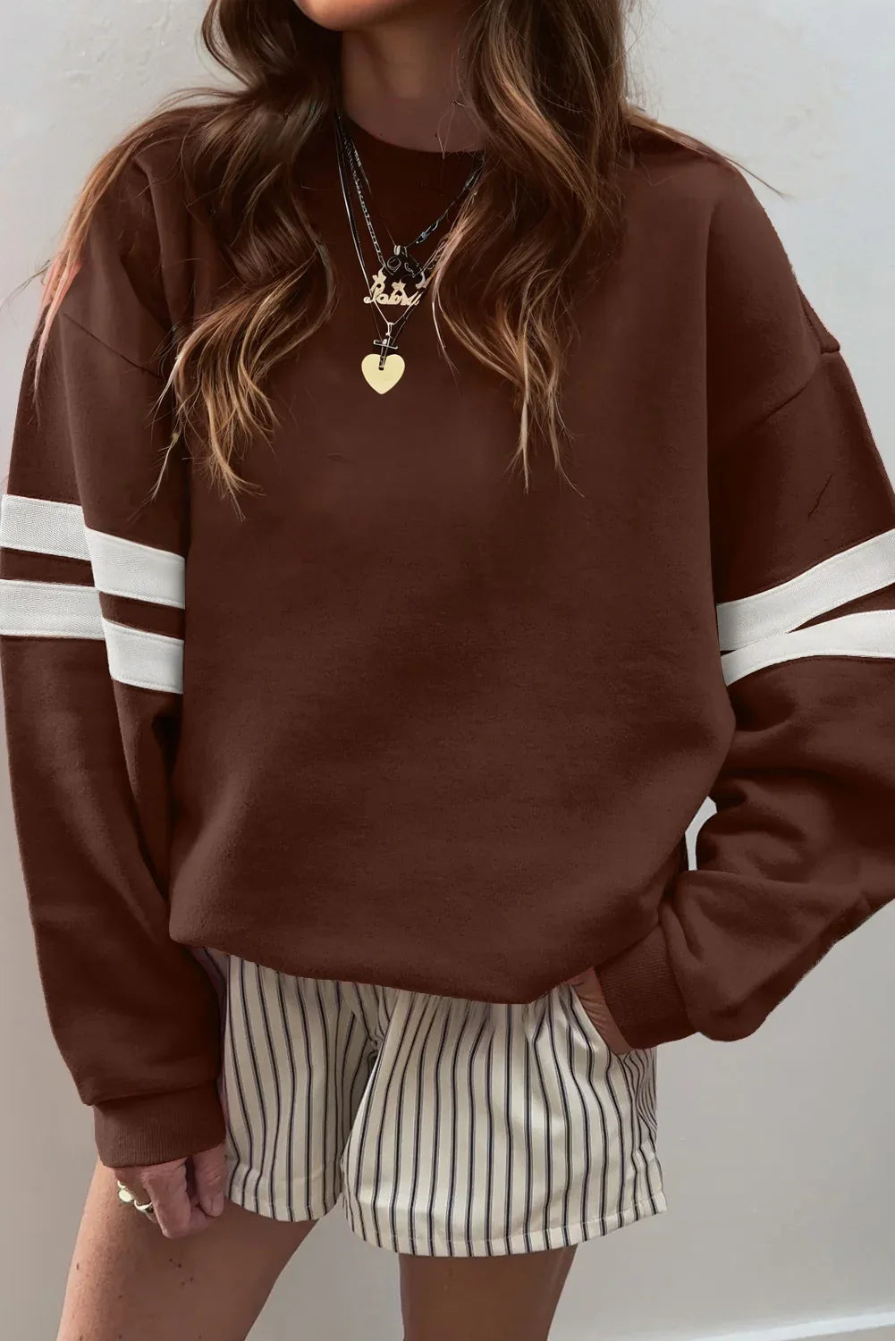 Coffee Varsity Striped Detail Drop Shoulder Oversized Sweatshirt - MarkoFit