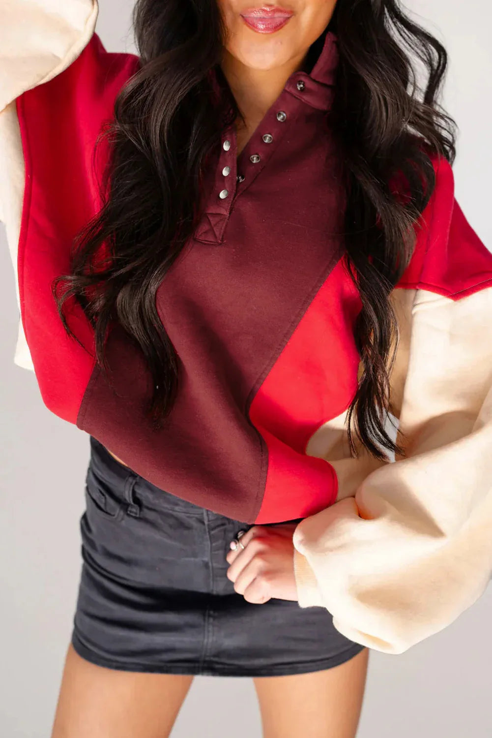 Fiery Red Color Block Patchwork Snap Button Polo Sweatshirt - MarkoFit