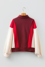 Fiery Red Color Block Patchwork Snap Button Polo Sweatshirt - MarkoFit