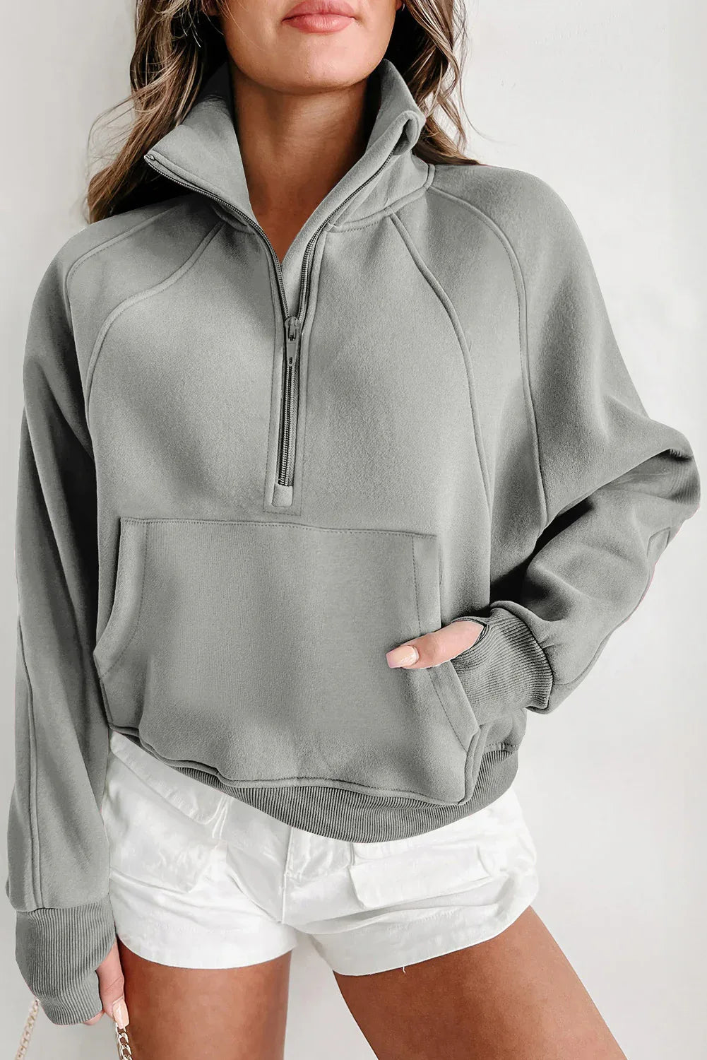 Gray Fleece Lined Zip Up Stand Collar Thumbhole Sleeve Sweatshirt - MarkoFit