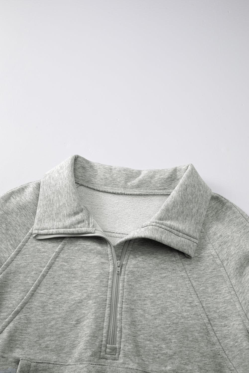 Gray Fleece Lined Zip Up Stand Collar Thumbhole Sleeve Sweatshirt - MarkoFit