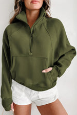 Green Fleece Lined Zip Up Stand Collar Thumbhole Sleeve Sweatshirt - MarkoFit