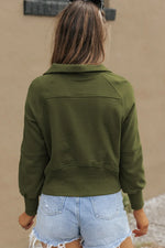 Green Fleece Lined Zip Up Stand Collar Thumbhole Sleeve Sweatshirt - MarkoFit
