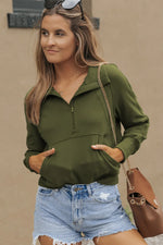 Green Fleece Lined Zip Up Stand Collar Thumbhole Sleeve Sweatshirt - MarkoFit