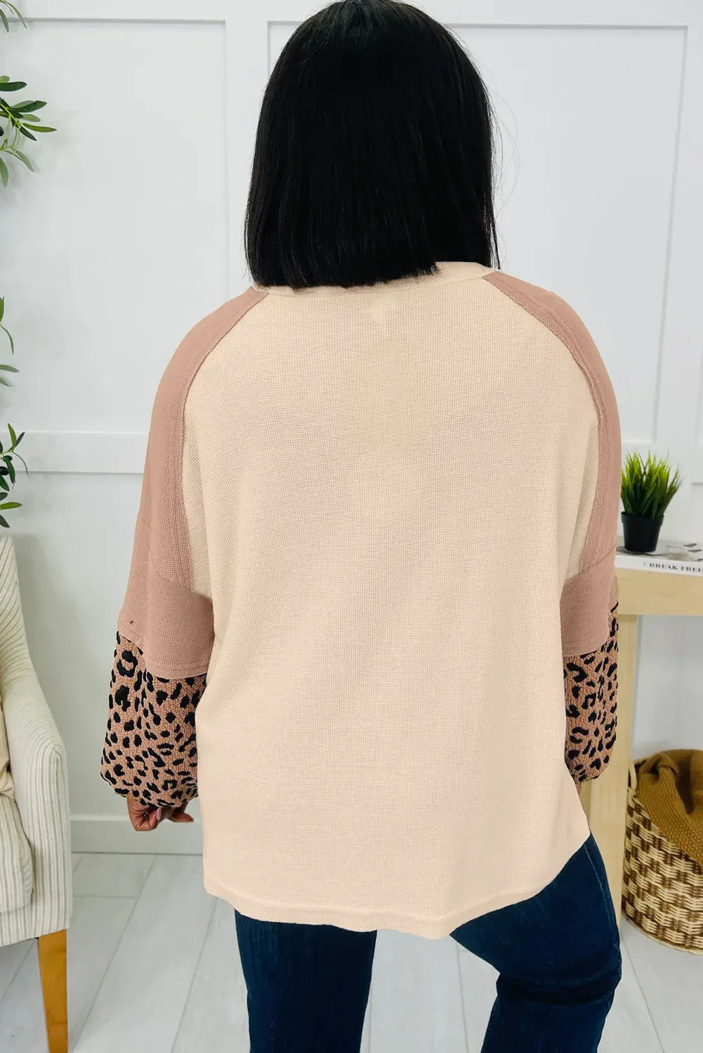 Light French Beige Leopard Star Color Block Patchwork Textured Baggy Sweatshirt - MarkoFit