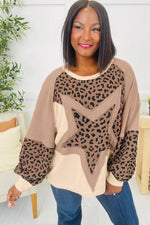 Light French Beige Leopard Star Color Block Patchwork Textured Baggy Sweatshirt - MarkoFit