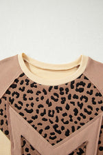 Light French Beige Leopard Star Color Block Patchwork Textured Baggy Sweatshirt - MarkoFit